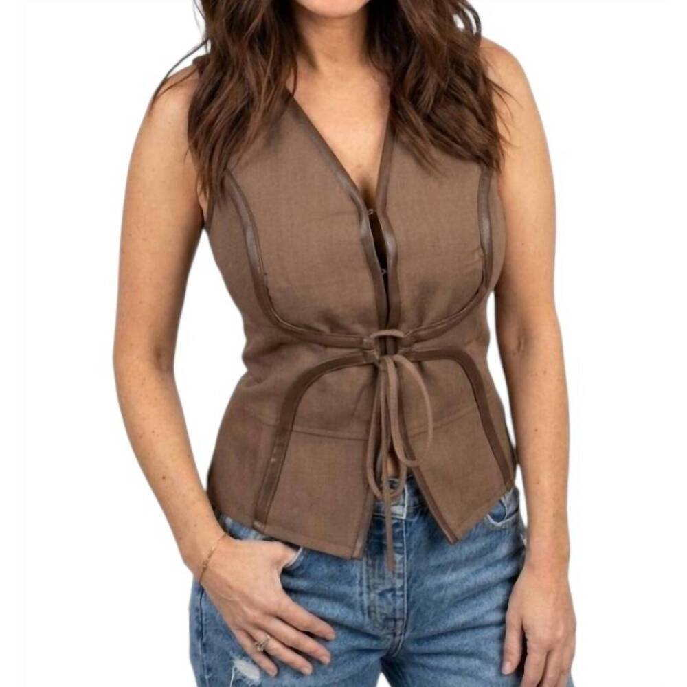 NEW EDIT BY NINE v neck faux leather top in brown